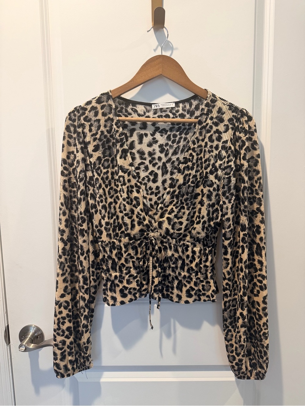 Zara Beige and Black Leopard Print Cinch-Front V Neck Long Sleeve Top- Size M